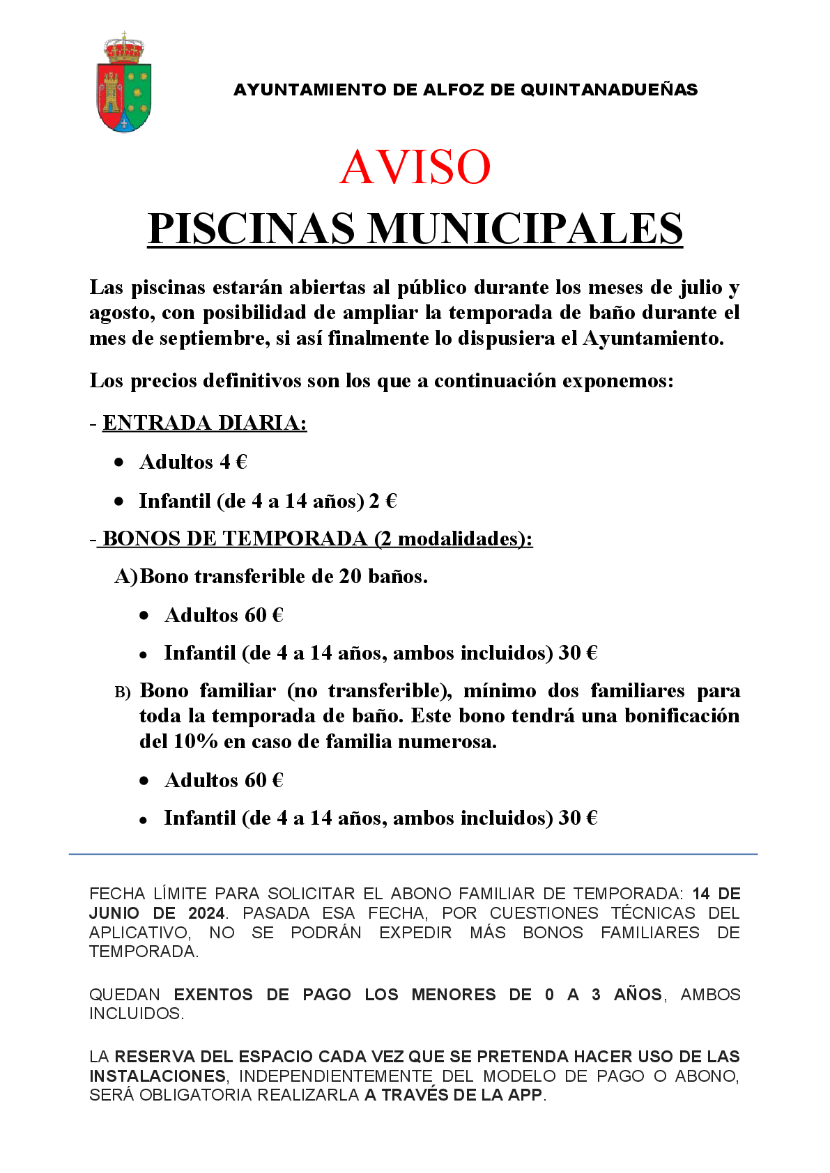 AVISO PISCINAS MUNICIPALES ALFOZ DE QUINTANADUEÑAS