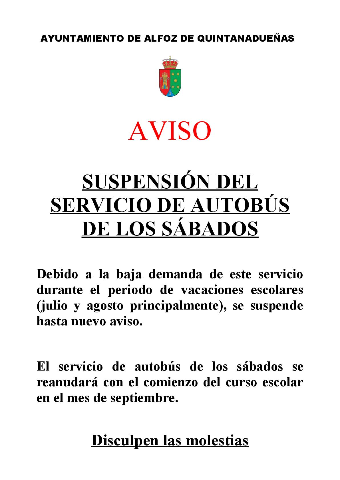 Aviso suspensión temporal servicio del autobús de los sábados